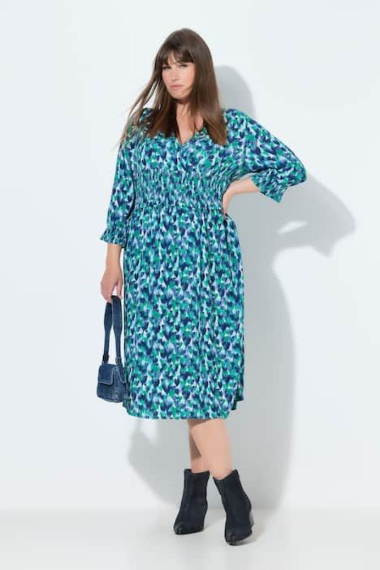 Plus size veliki brojevi Haljina midi 3/4 rukava V ovratnika za punije
