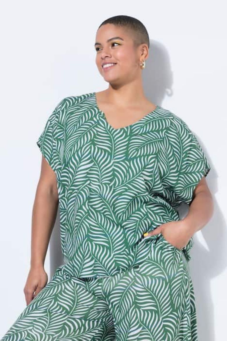 Plus size veliki brojevi Bluza kratkih rukava šireg kroja uzorak lišća za punije