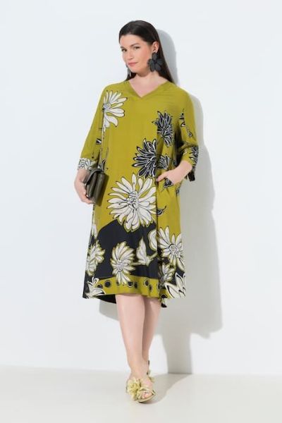 Veliki brojevi Haljina elegantna midi 3/4 rukavi V izrez cvjetni uzorak moda za punije